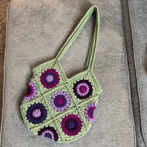 Crochet Flower Tote Bag in Purple and Sage Green